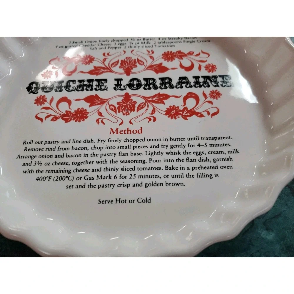 Quiche Lorraine Ceramic Baking Dish with Recipe White RARE VTG Made in England